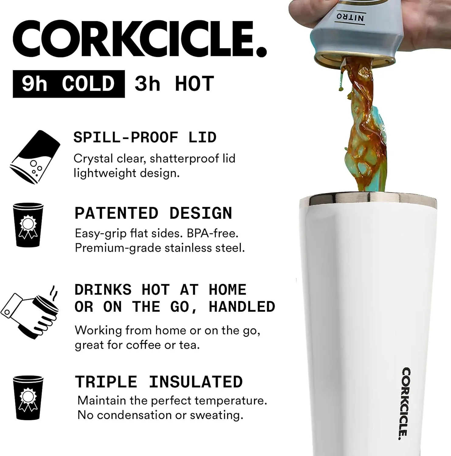 Corkcicle Tumbler Insulated Stainless Steel Bottle/Thermos, 16 oz, White