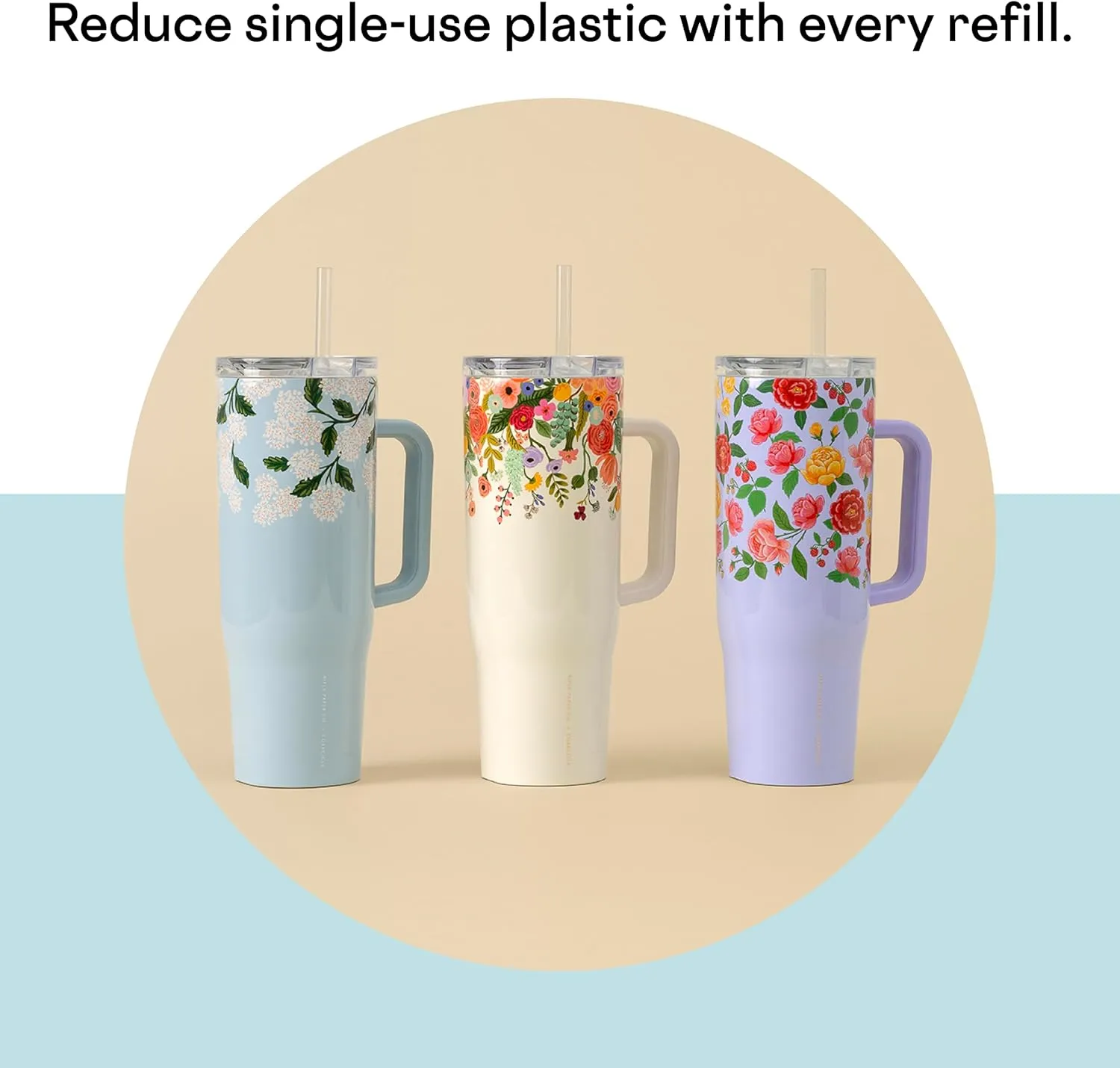 Corkcicle x Rifle Paper Co. Cruiser Insulated Tumbler with Handle and Straw, Gloss Blue Hydrangea, 40 oz – Reusable Water Bottle Keeps Beverages Cold 20hrs, Hot 9hrs – Cupholder Friendly, Spill Proof