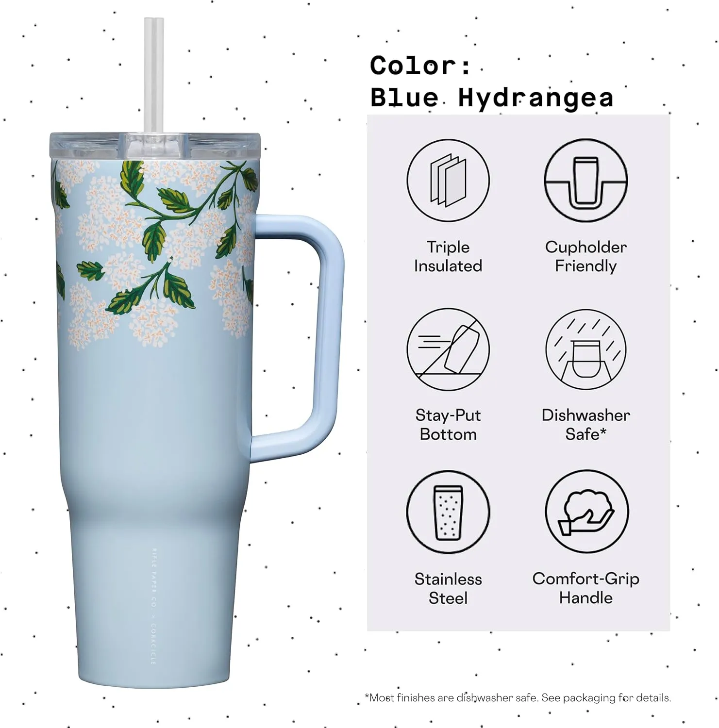 Corkcicle x Rifle Paper Co. Cruiser Insulated Tumbler with Handle and Straw, Gloss Blue Hydrangea, 40 oz – Reusable Water Bottle Keeps Beverages Cold 20hrs, Hot 9hrs – Cupholder Friendly, Spill Proof