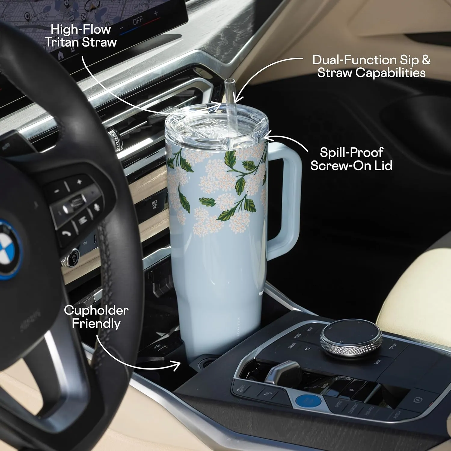 Corkcicle x Rifle Paper Co. Cruiser Insulated Tumbler with Handle and Straw, Gloss Blue Hydrangea, 40 oz – Reusable Water Bottle Keeps Beverages Cold 20hrs, Hot 9hrs – Cupholder Friendly, Spill Proof