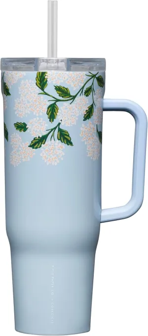 Corkcicle x Rifle Paper Co. Cruiser Insulated Tumbler with Handle and Straw, Gloss Blue Hydrangea, 40 oz – Reusable Water Bottle Keeps Beverages Cold 20hrs, Hot 9hrs – Cupholder Friendly, Spill Proof