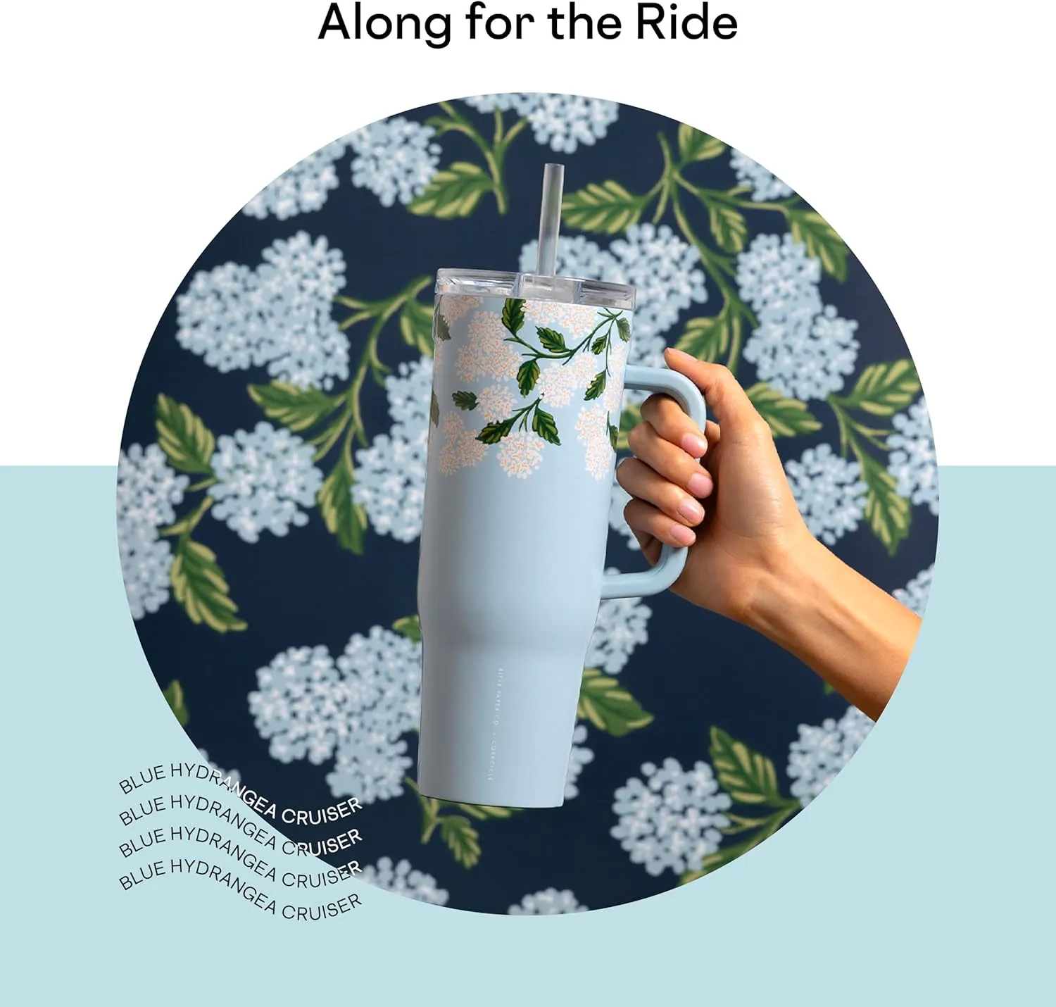 Corkcicle x Rifle Paper Co. Cruiser Insulated Tumbler with Handle and Straw, Gloss Blue Hydrangea, 40 oz – Reusable Water Bottle Keeps Beverages Cold 20hrs, Hot 9hrs – Cupholder Friendly, Spill Proof