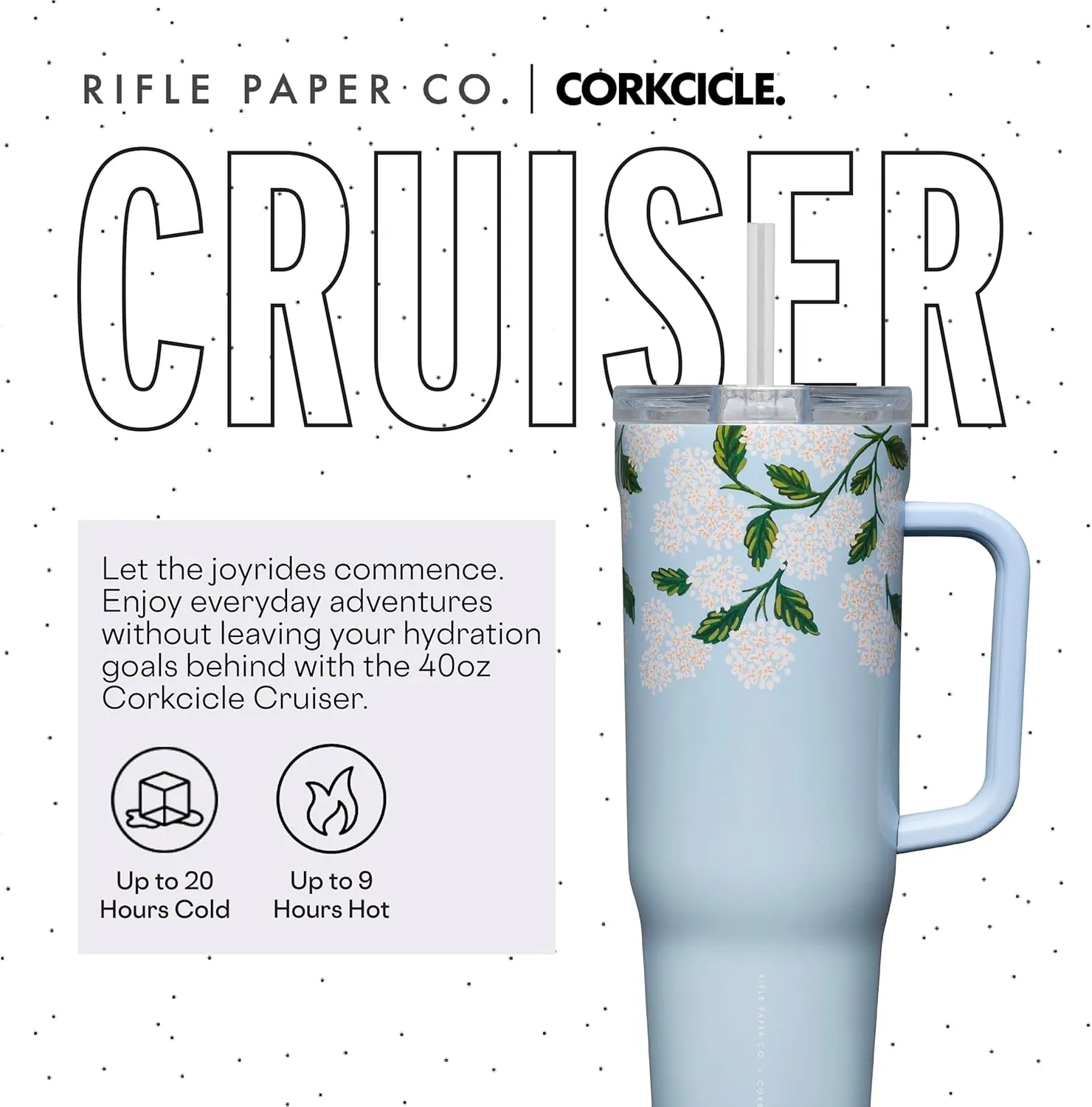 Corkcicle x Rifle Paper Co. Cruiser Insulated Tumbler with Handle and Straw, Gloss Blue Hydrangea, 40 oz – Reusable Water Bottle Keeps Beverages Cold 20hrs, Hot 9hrs – Cupholder Friendly, Spill Proof