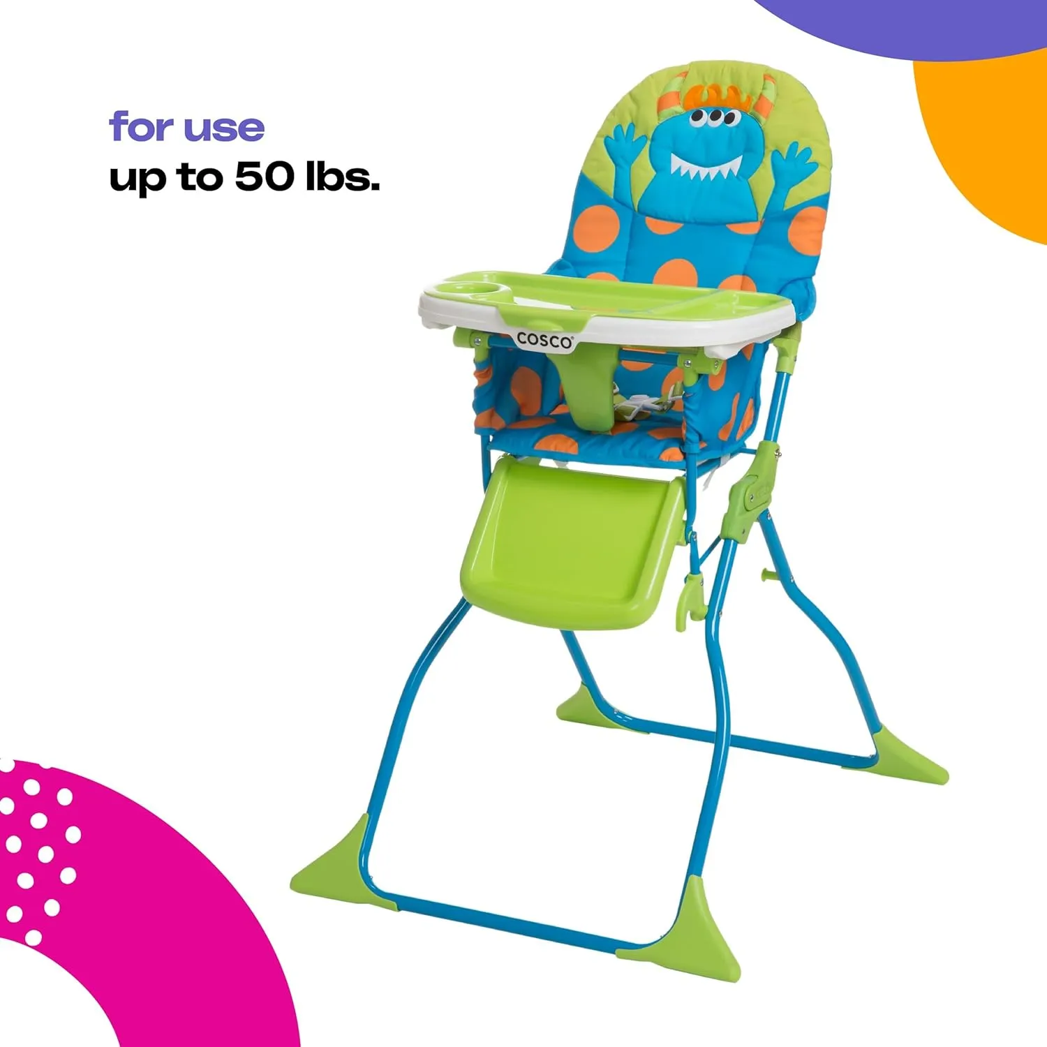 Cosco Kids Simple Fold Folding High Chair for Babies and Toddlers (from 6 Months to 50 lbs) Simple Fold Deluxe with 3-Position Tray, Portable High Chair, Monster Syd