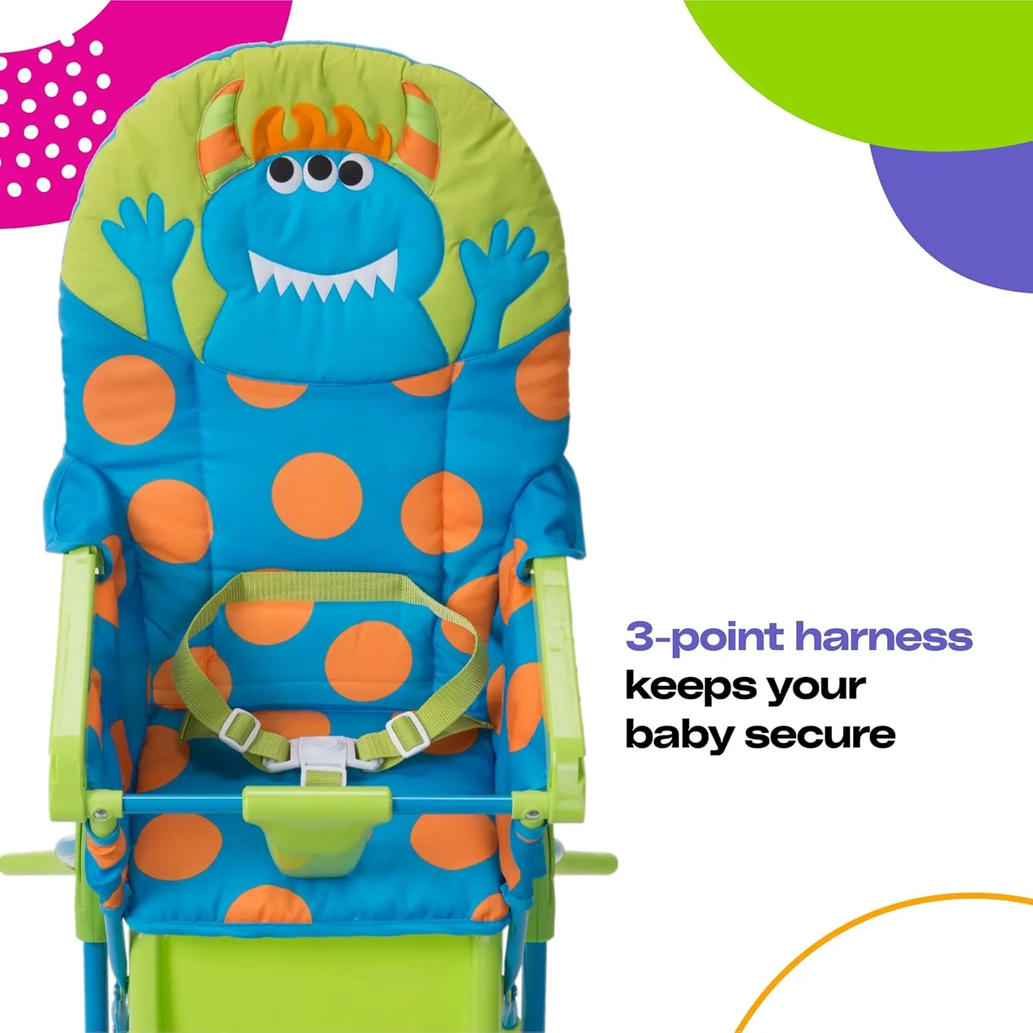 Cosco Kids Simple Fold Folding High Chair for Babies and Toddlers (from 6 Months to 50 lbs) Simple Fold Deluxe with 3-Position Tray, Portable High Chair, Monster Syd