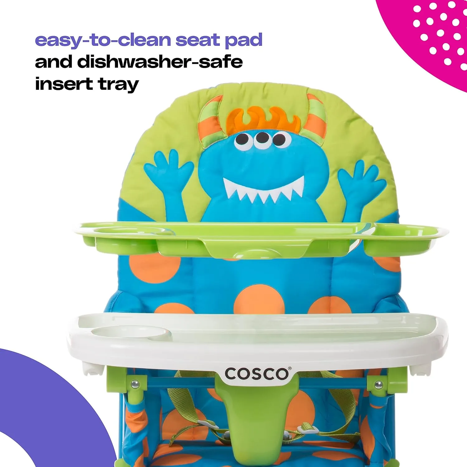 Cosco Kids Simple Fold Folding High Chair for Babies and Toddlers (from 6 Months to 50 lbs) Simple Fold Deluxe with 3-Position Tray, Portable High Chair, Monster Syd