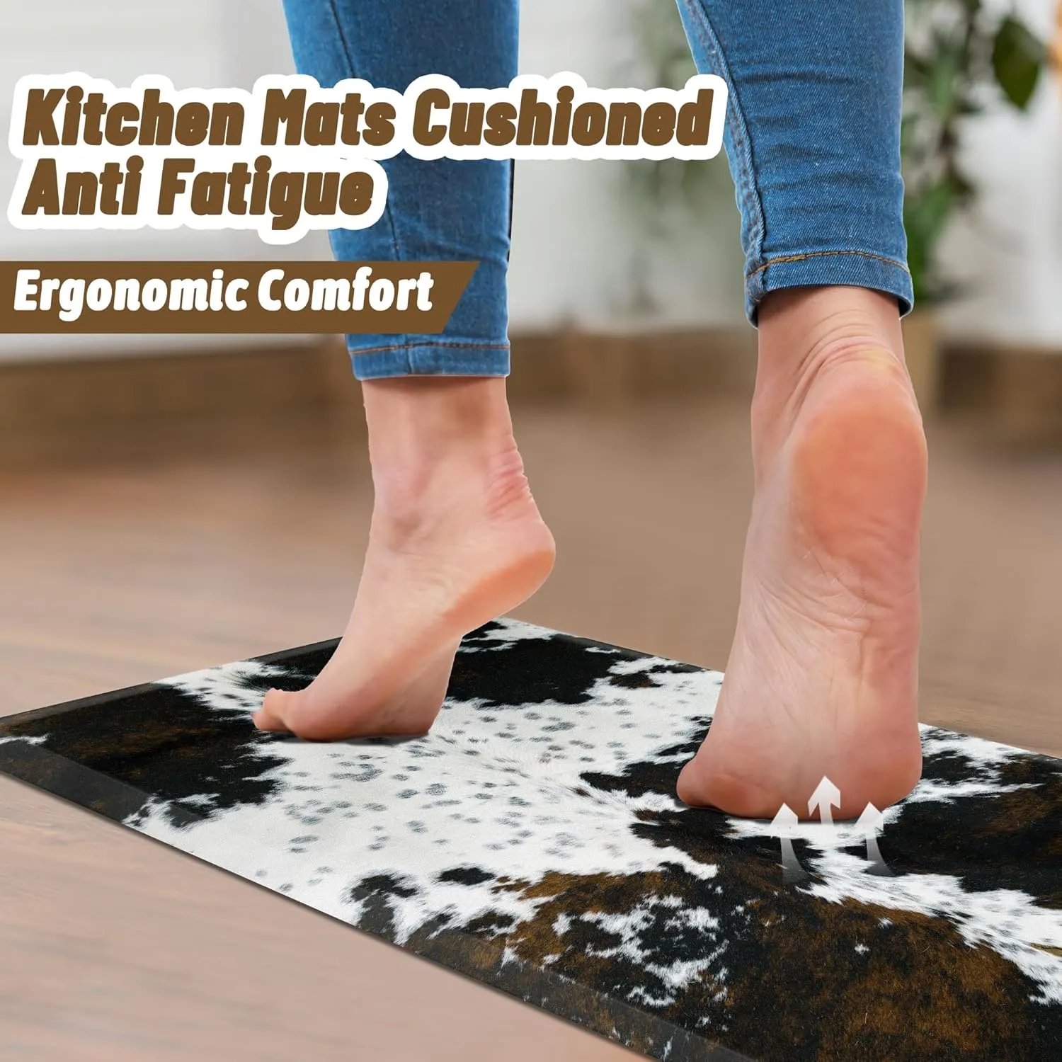 Cowhide Kitchen Mat Cushioned Anti Fatigue - 4/5 Inch Thick Western Cow Kitchen Mats for Floor, Non Slip PVC Waterproof Standing Desk Ergonomic Comfort Rugs for Sink, Office, Laundry, 20x39