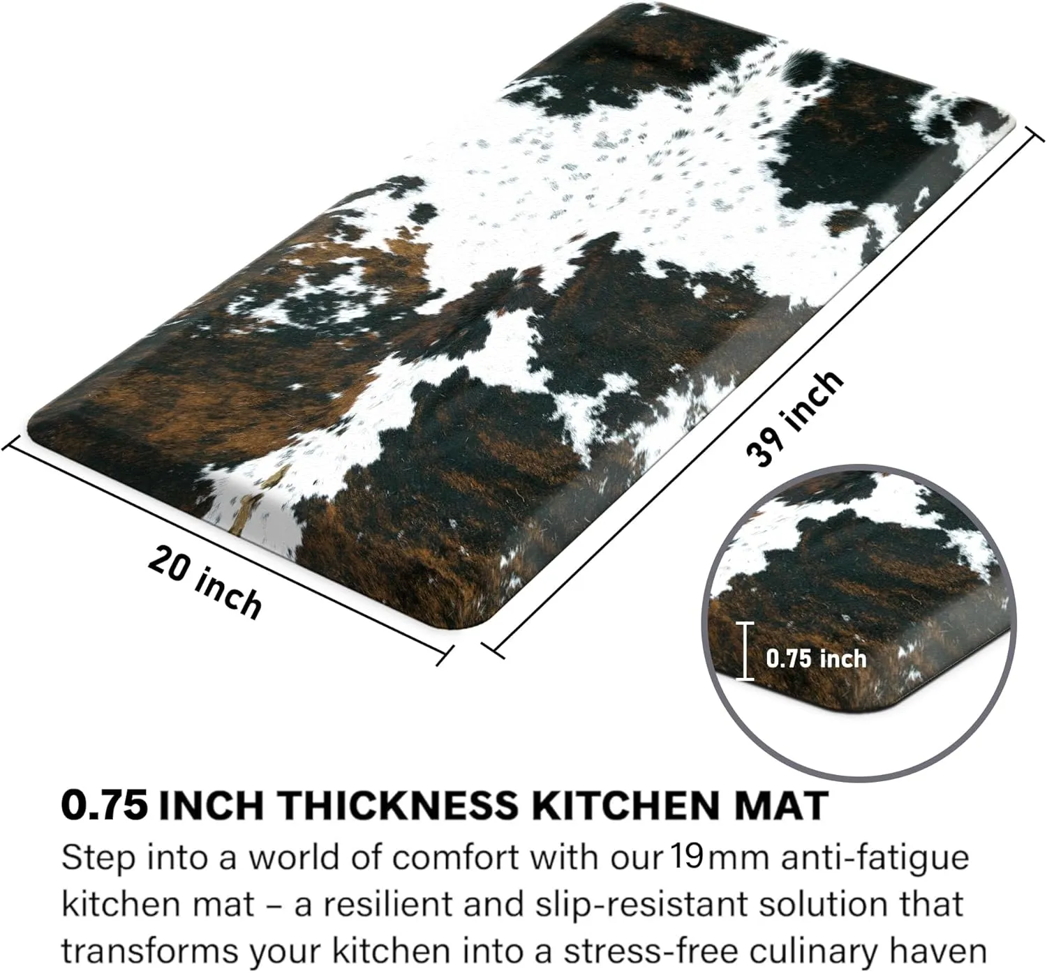 Cowhide Kitchen Mat Cushioned Anti Fatigue - 4/5 Inch Thick Western Cow Kitchen Mats for Floor, Non Slip PVC Waterproof Standing Desk Ergonomic Comfort Rugs for Sink, Office, Laundry, 20x39