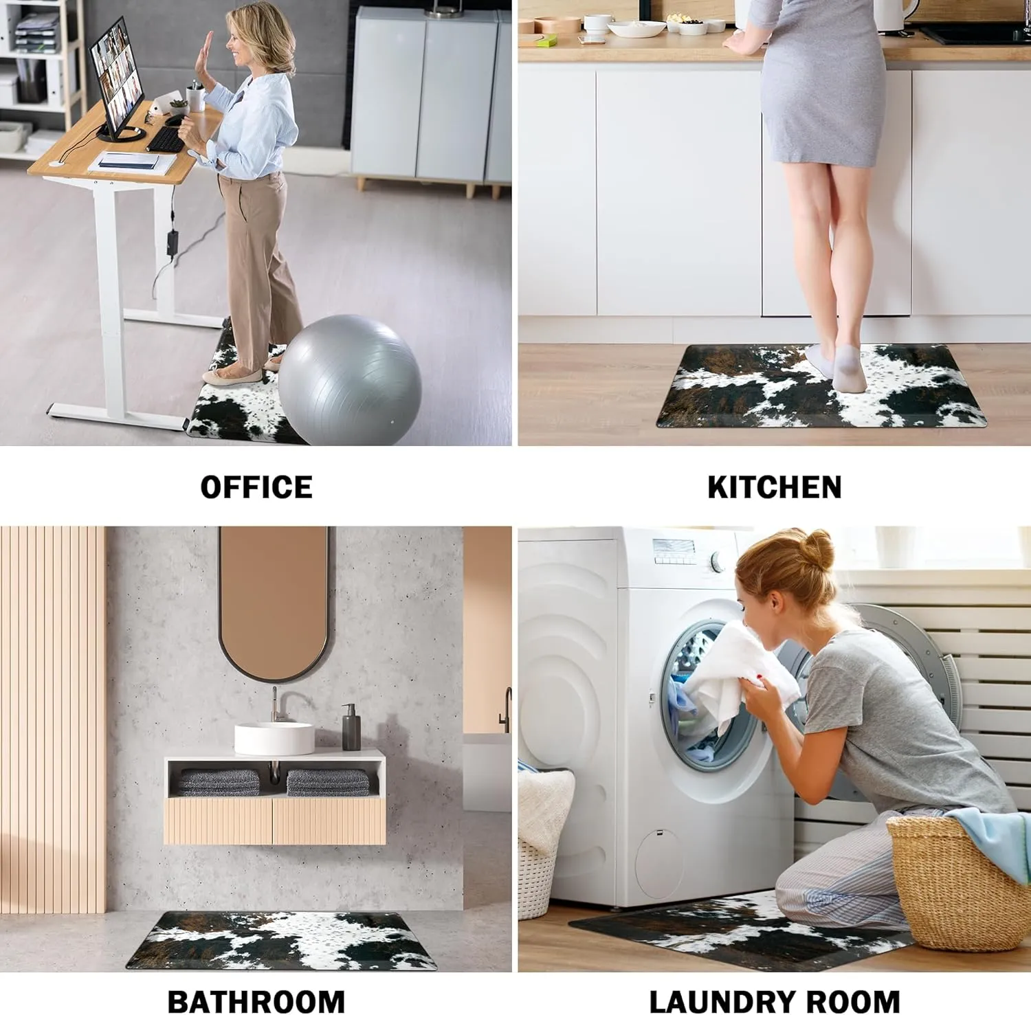 Cowhide Kitchen Mat Cushioned Anti Fatigue - 4/5 Inch Thick Western Cow Kitchen Mats for Floor, Non Slip PVC Waterproof Standing Desk Ergonomic Comfort Rugs for Sink, Office, Laundry, 20x39