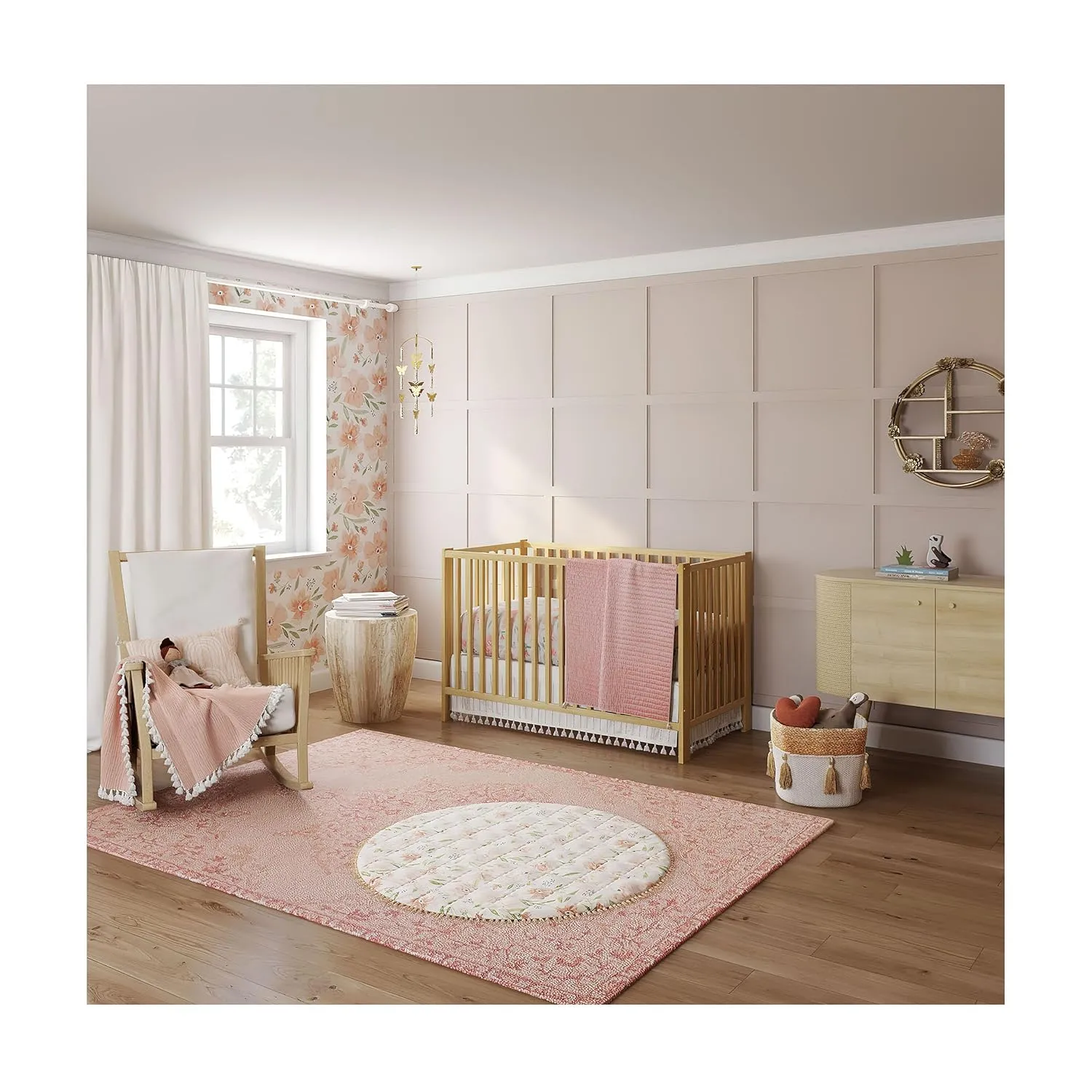 Crane Baby Padded Floor Mat, Pink Floral Nursery Decor, Activity Mat, 40" x 40", Baby Tummy Time, Baby Girl Nursery Essentials