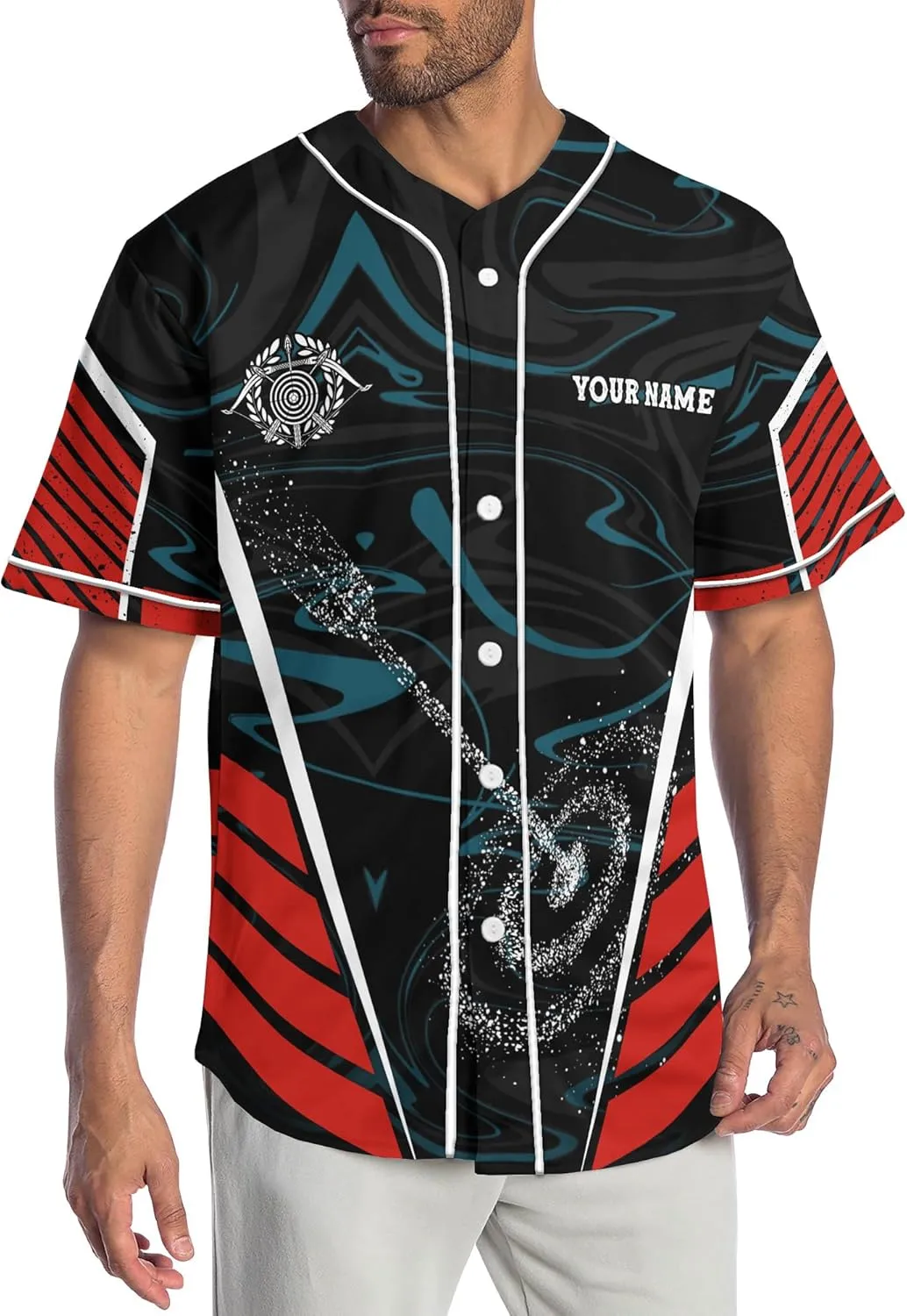 Customized Axe Throwing Button Baseball Jersey with 3D Axe and Polynesian Pattern Graphic On It Sports Tee Shirt