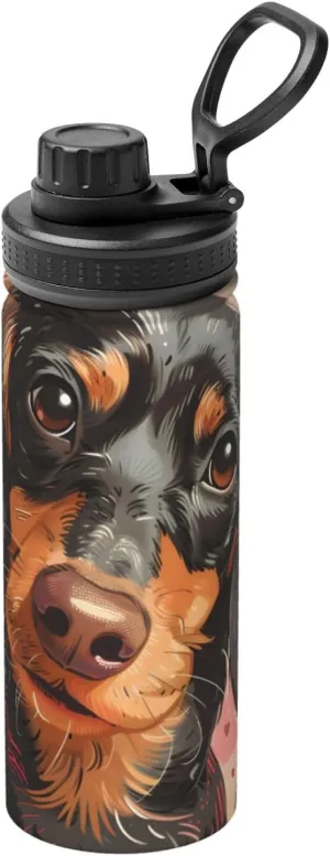 Cute Dachshund Dog Pattern Sports Insulated Water Bottle 18oz Stainless Steel Metal Water Bottles with Handle and Spout Lid Reusable Leakproof Double Wall Water Flask for Men Women Travel Gym