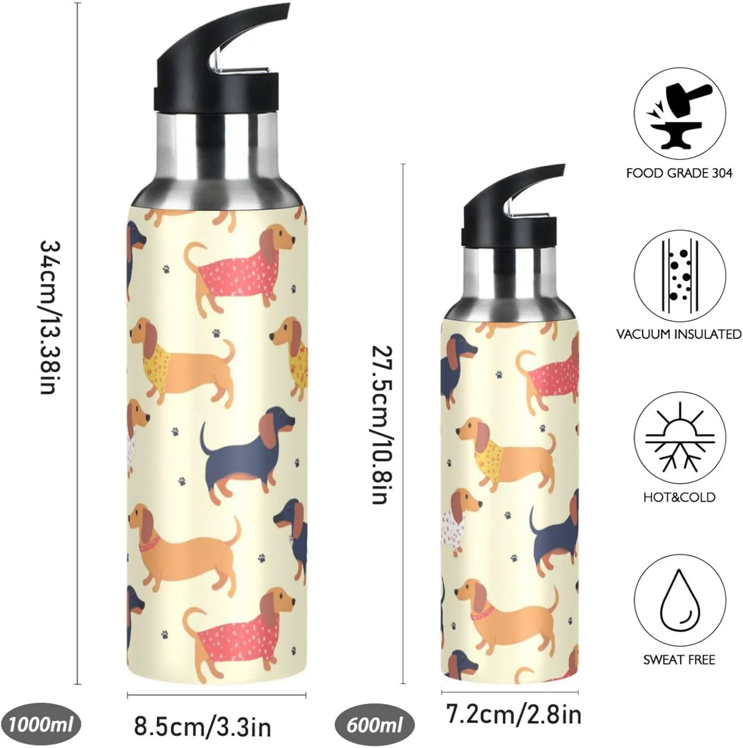 Cute Dachshunds Water Bottle with Straw Lid Double Wall Dogs Paws Thermos Bottle Vacuum Insulated Flask Stainless Steel Water Bottle for Gym Outdoor 20 OZ