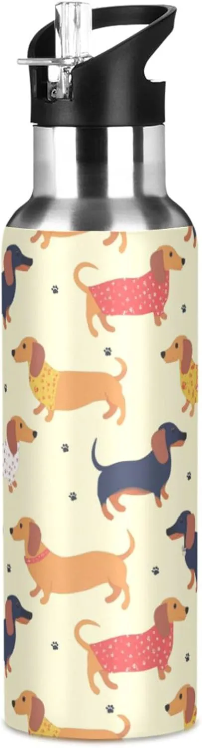 Cute Dachshunds Water Bottle with Straw Lid Double Wall Dogs Paws Thermos Bottle Vacuum Insulated Flask Stainless Steel Water Bottle for Gym Outdoor 20 OZ