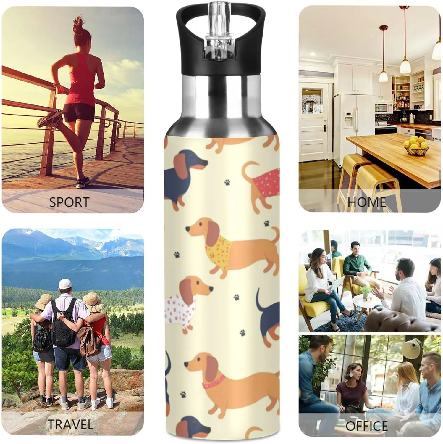 Cute Dachshunds Water Bottle with Straw Lid Double Wall Dogs Paws Thermos Bottle Vacuum Insulated Flask Stainless Steel Water Bottle for Gym Outdoor 20 OZ