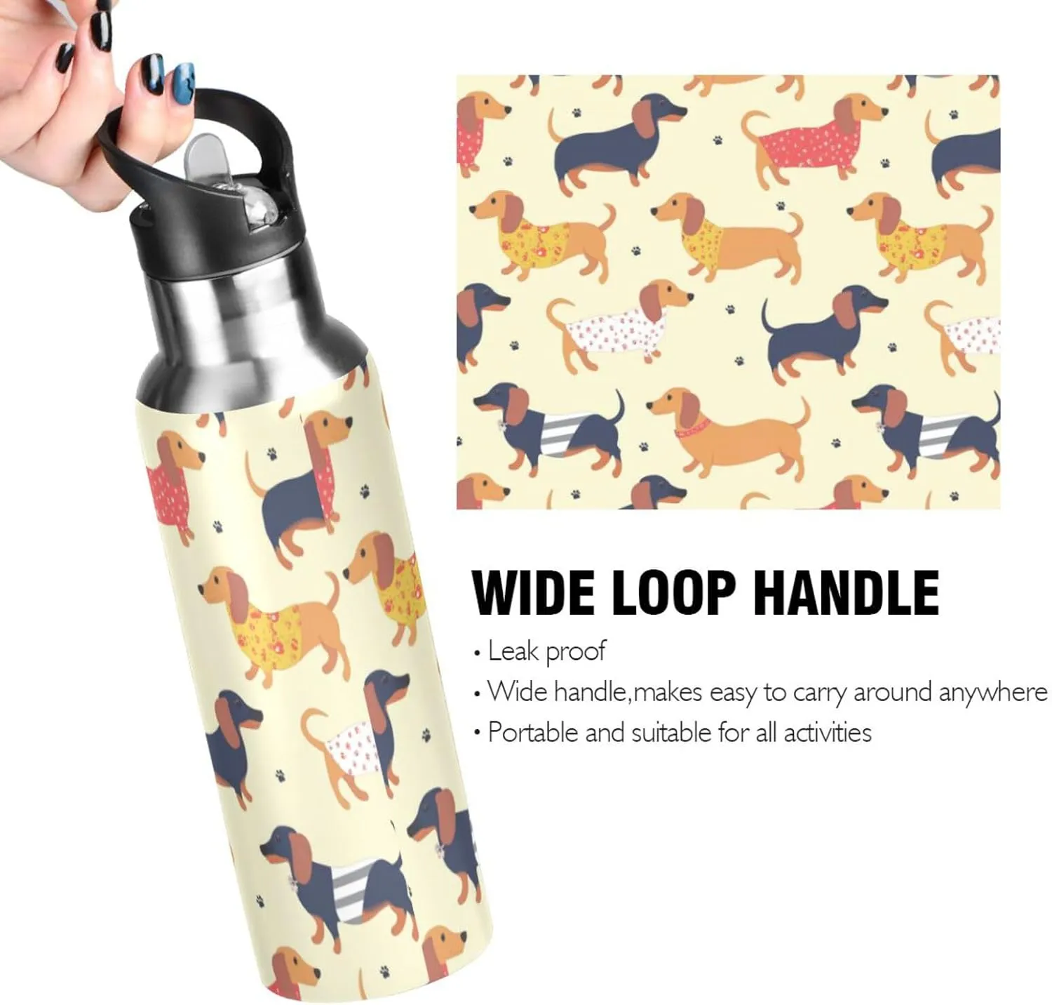 Cute Dachshunds Water Bottle with Straw Lid Double Wall Dogs Paws Thermos Bottle Vacuum Insulated Flask Stainless Steel Water Bottle for Gym Outdoor 20 OZ