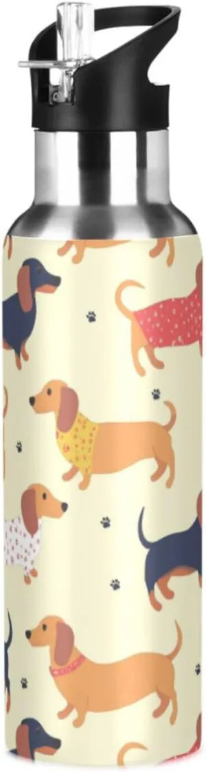 Cute Dachshunds Water Bottle with Straw Lid Double Wall Dogs Paws Thermos Bottle Vacuum Insulated Flask Stainless Steel Water Bottle for Gym Outdoor 20 OZ