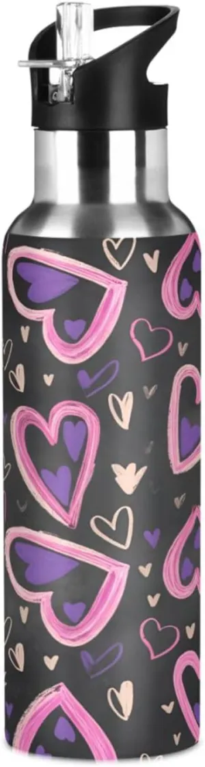 Cute Love Sports Water Bottle with Straw, 22oz BPA Free Stainless Steel Vacuum Insulated Bottle for Gym Fitness Outdoor