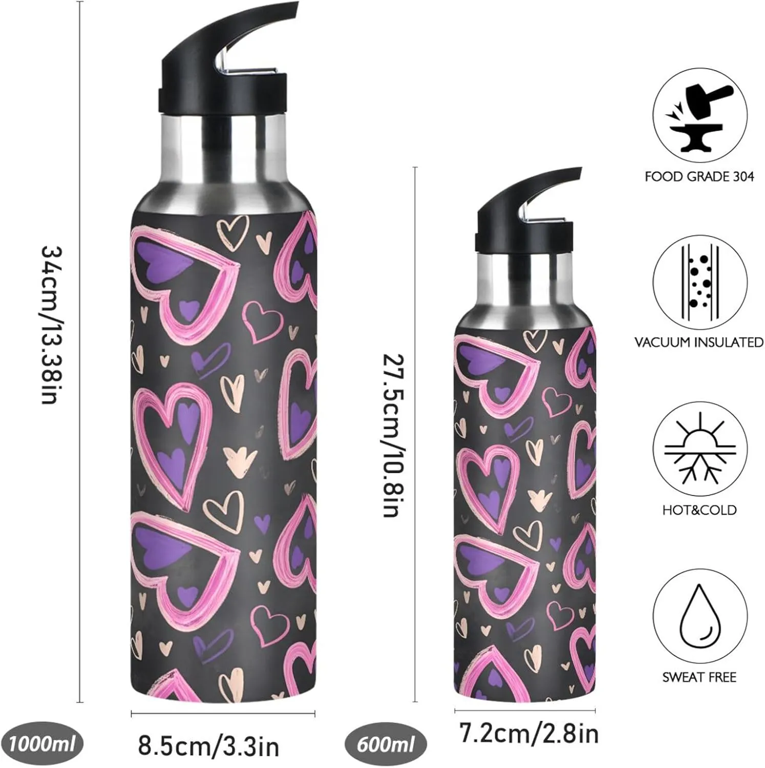 Cute Love Sports Water Bottle with Straw, 22oz BPA Free Stainless Steel Vacuum Insulated Bottle for Gym Fitness Outdoor