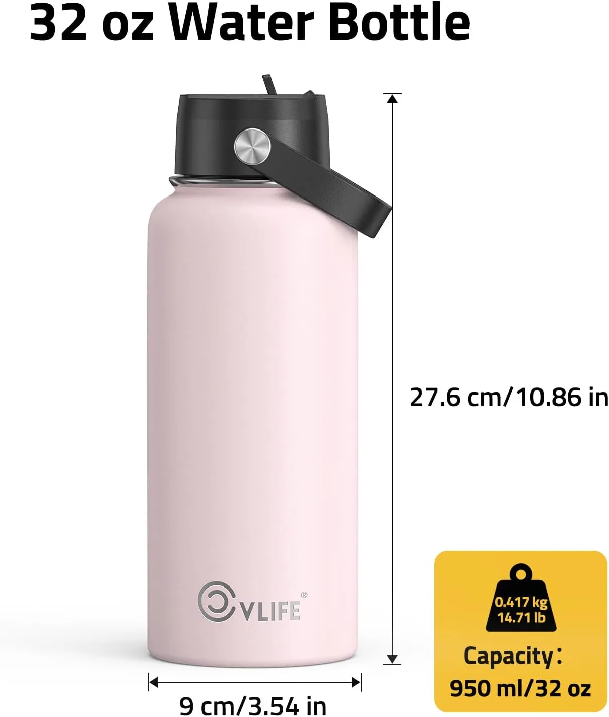 CVLIFE 32 Oz Insulated Water Bottle with Straw, Leak Proof Stainless Steel Thermos for Cold and Hot Drinks, Metal Travel Bottles for Gym and Sports (Light Pink)​