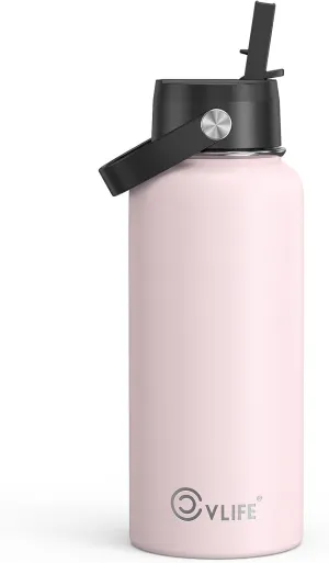 CVLIFE 32 Oz Insulated Water Bottle with Straw, Leak Proof Stainless Steel Thermos for Cold and Hot Drinks, Metal Travel Bottles for Gym and Sports (Light Pink)​