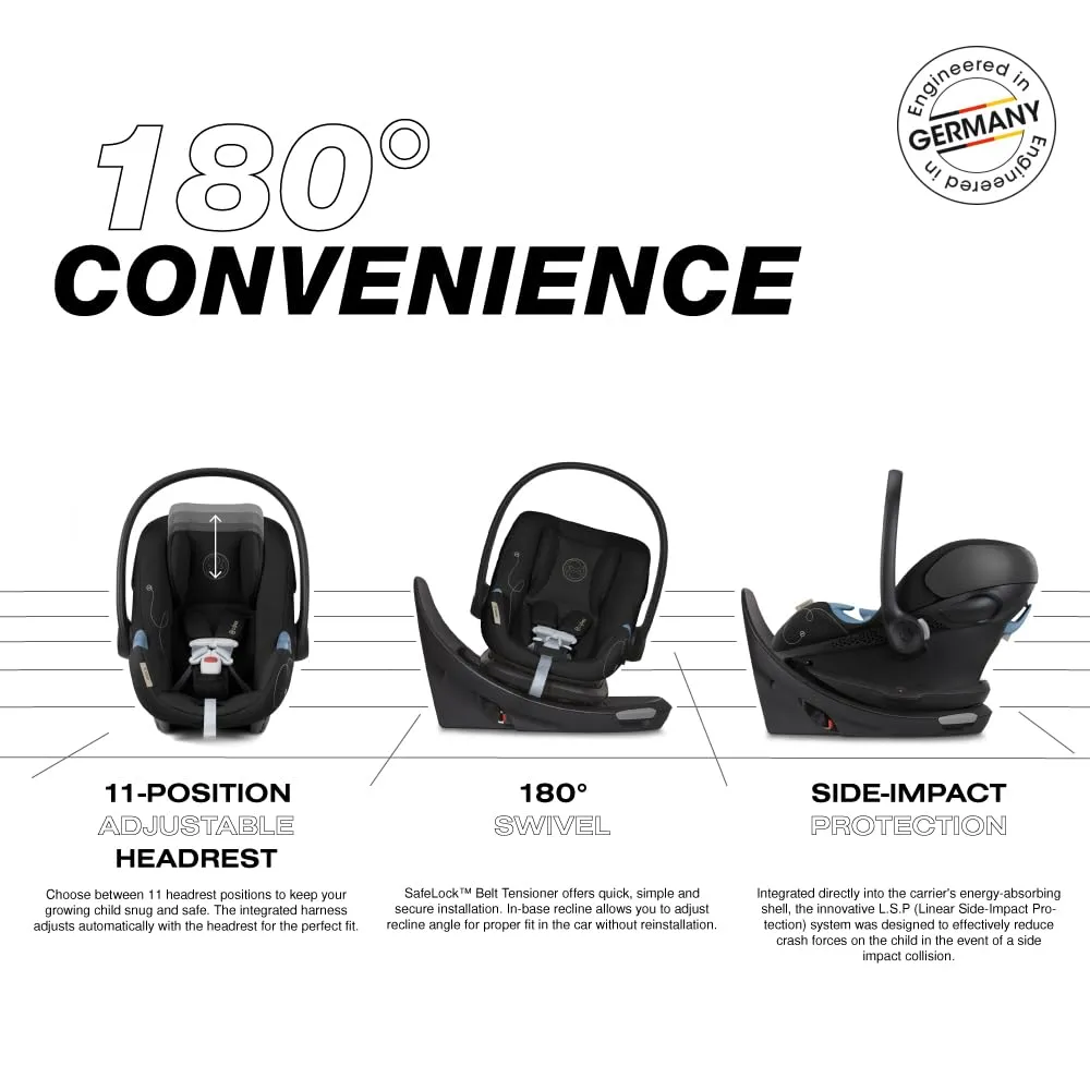 Cybex Aton G Swivel Infant Car Seat with 180-Degree Rotate, Linear Side-Impact Protection, 11-Position Headrest, SensorSafe & Safelock Base, Moon Black