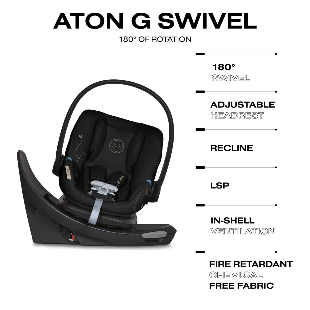 Cybex Aton G Swivel Infant Car Seat with 180-Degree Rotate, Linear Side-Impact Protection, 11-Position Headrest, SensorSafe & Safelock Base, Moon Black