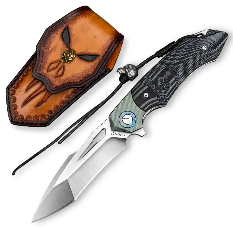 D2 Steel Knife| Folding Knife| Tanto Point Balde |Titanium Damascus blade