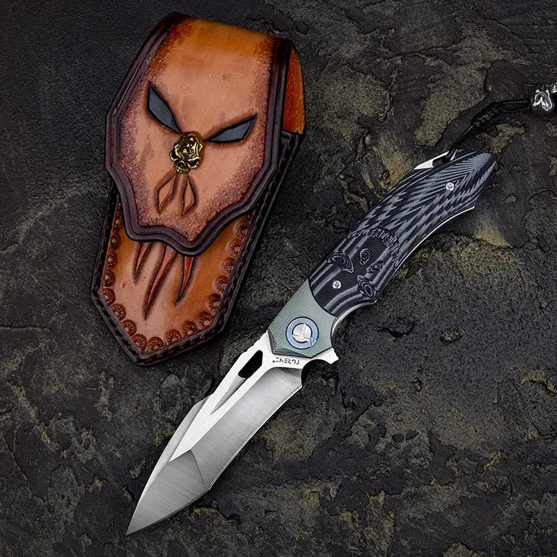 D2 Steel Knife| Folding Knife| Tanto Point Balde |Titanium Damascus blade