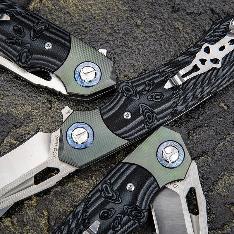 D2 Steel Knife| Folding Knife| Tanto Point Balde |Titanium Damascus blade