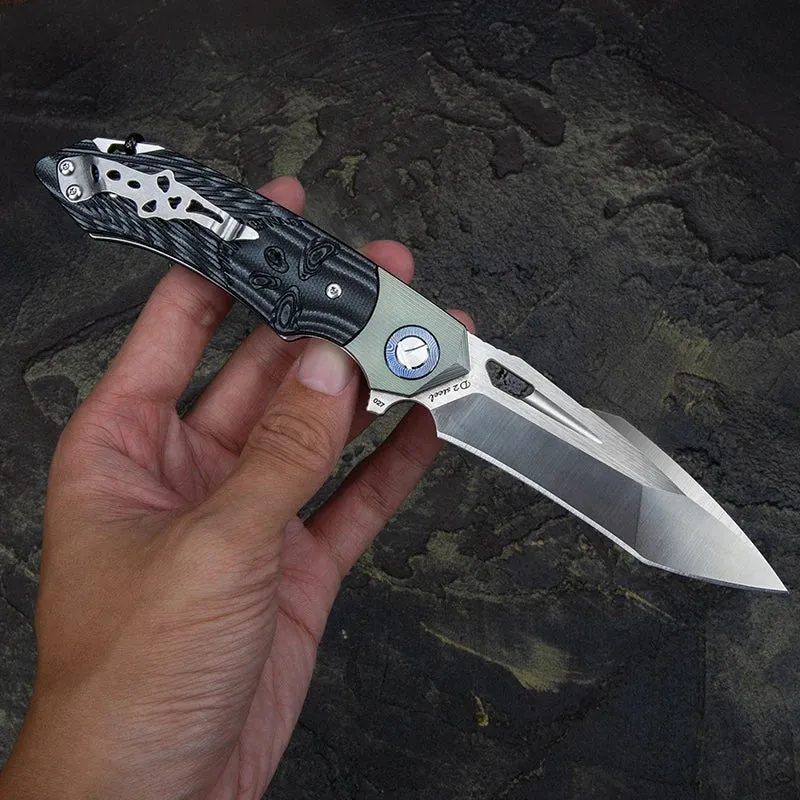 D2 Steel Knife| Folding Knife| Tanto Point Balde |Titanium Damascus blade