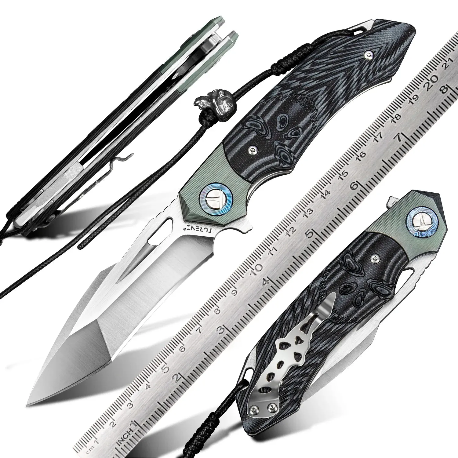 D2 Steel Knife| Folding Knife| Tanto Point Balde |Titanium Damascus blade