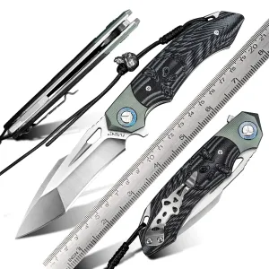 D2 Steel Knife| Folding Knife| Tanto Point Balde |Titanium Damascus blade