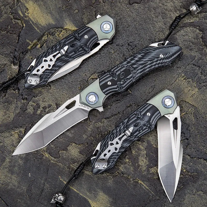 D2 Steel Knife| Folding Knife| Tanto Point Balde |Titanium Damascus blade