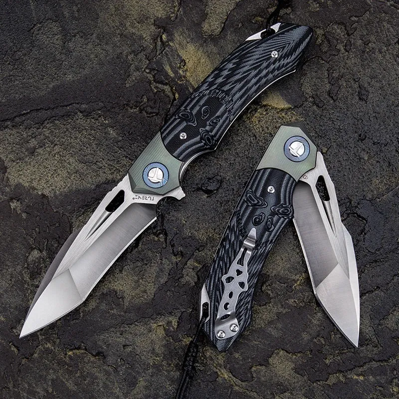 D2 Steel Knife| Folding Knife| Tanto Point Balde |Titanium Damascus blade
