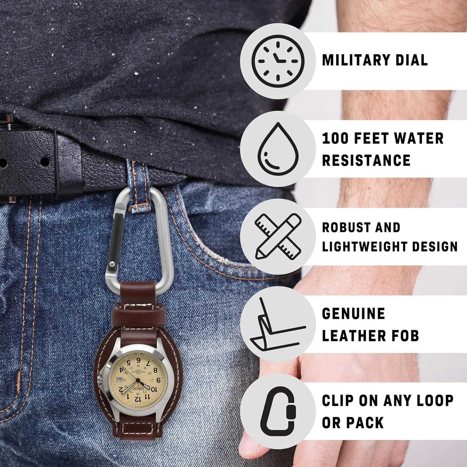 Dakota Leather Field Clip, Clip Watch, Leather Fob Strap, Lightweight Dress Pocket Watch, Outdoor Gifts for Men and Women, Use for Fishing, Golf and More