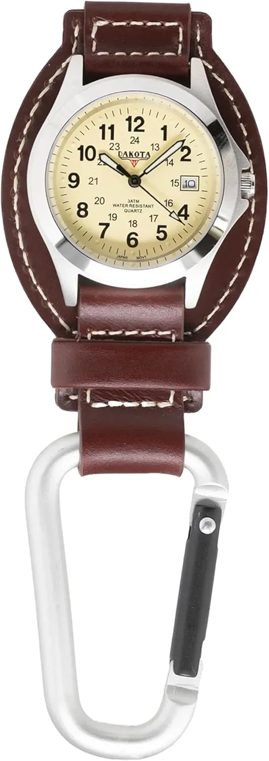Dakota Leather Field Clip, Clip Watch, Leather Fob Strap, Lightweight Dress Pocket Watch, Outdoor Gifts for Men and Women, Use for Fishing, Golf and More