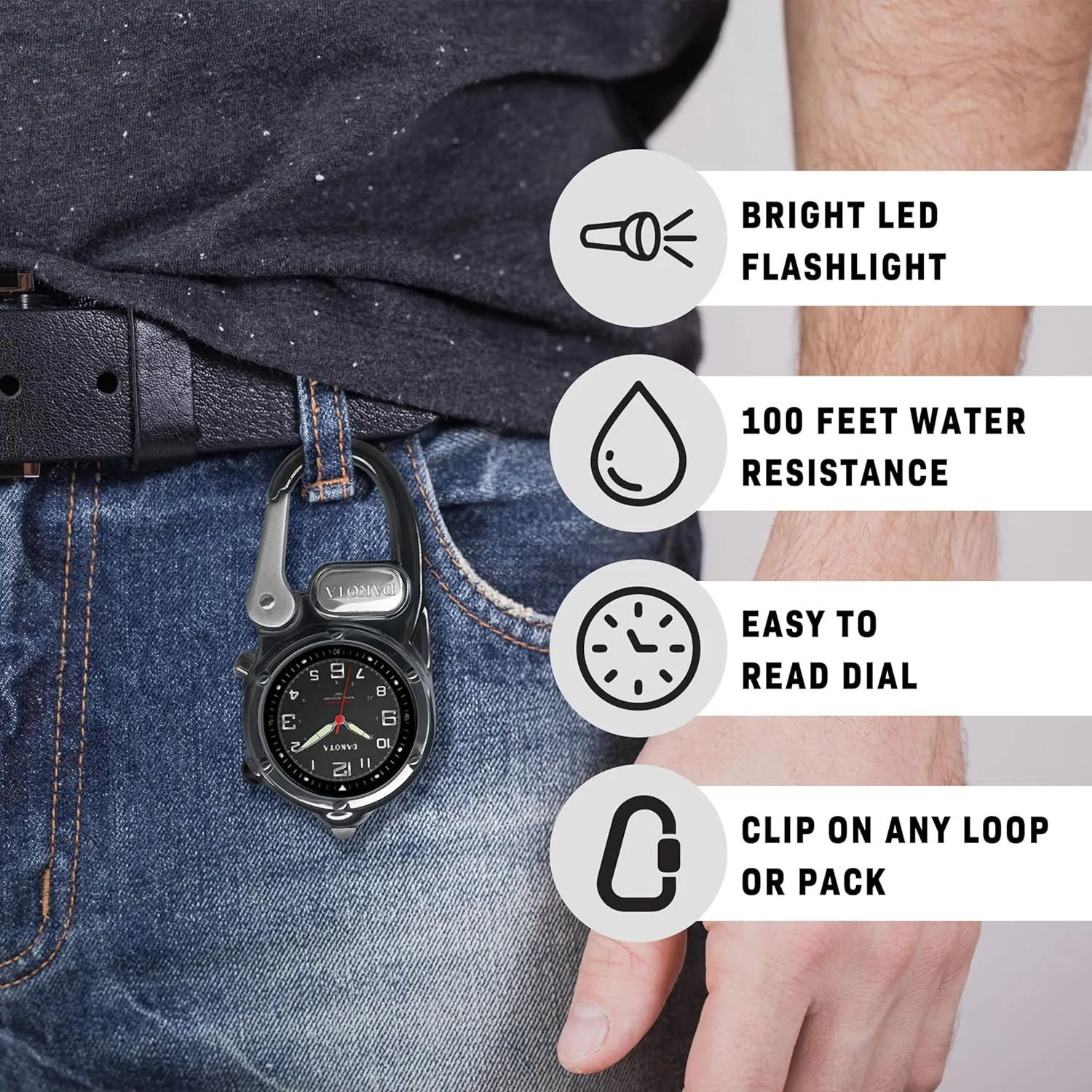 Dakota Mini Clip Microlight, Quality Pocket and Fob Watch, Premium Durability Outdoor Gifts for Men, Use for Fishing Hunting, and More, LED Flashlight, Clip on Watch