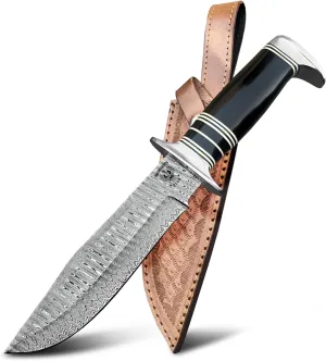Damascus Fixed Blade Knife with Sheath - Handcrafted Full Tang Bowie Knife for Camping, and Survival - Premium Steel Construction - Includes Sheath