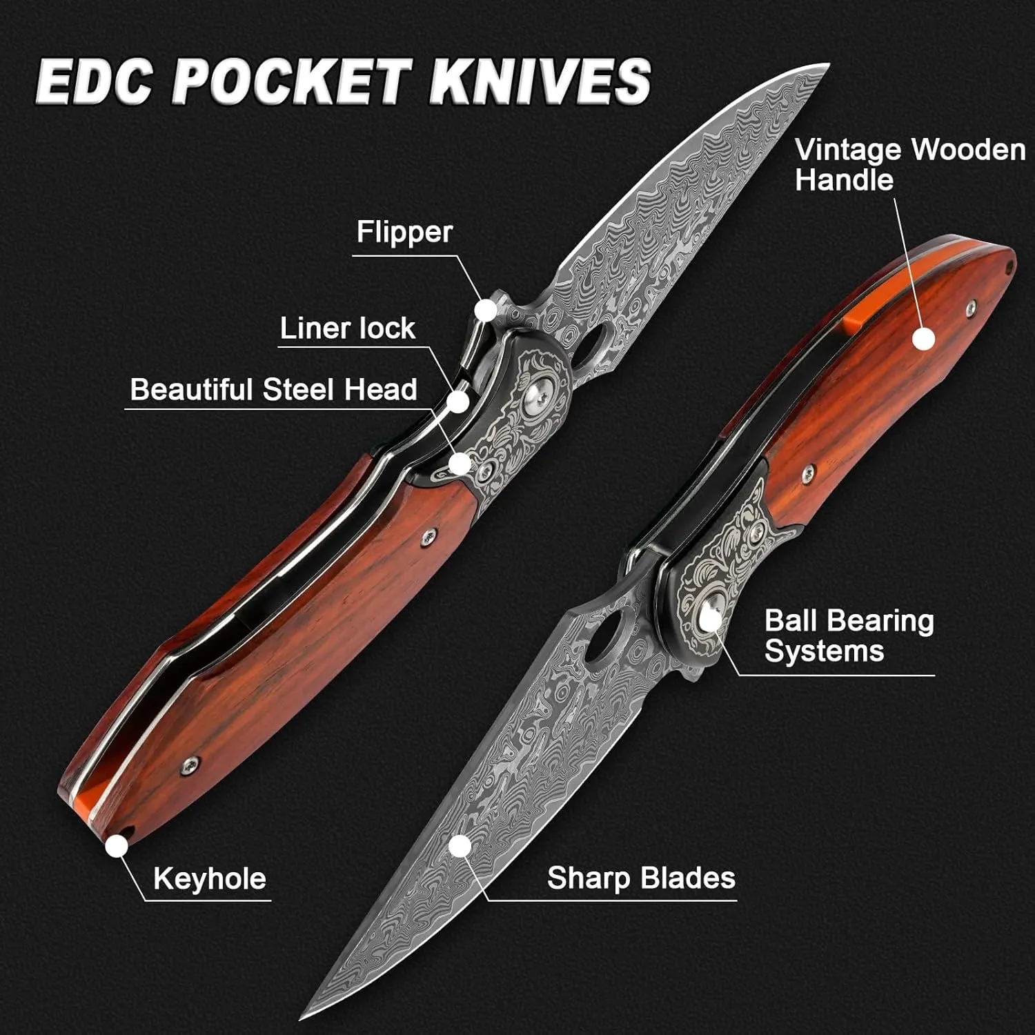 Damascus Pocket Knife, 3.3" Damascus Blade Wooden Handle EDC Pocket Knives & Folding Knives for Men Women