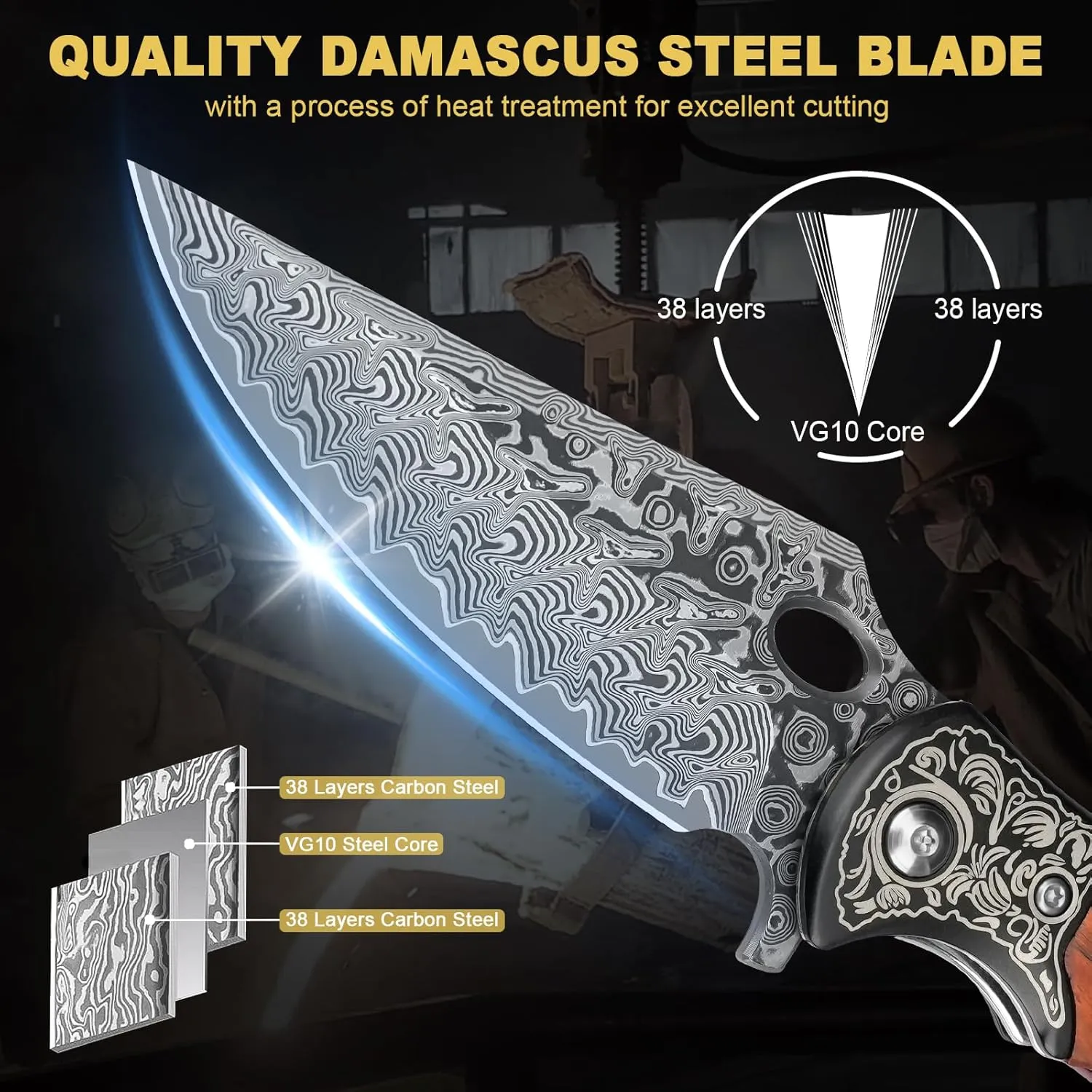 Damascus Pocket Knife, 3.3" Damascus Blade Wooden Handle EDC Pocket Knives & Folding Knives for Men Women