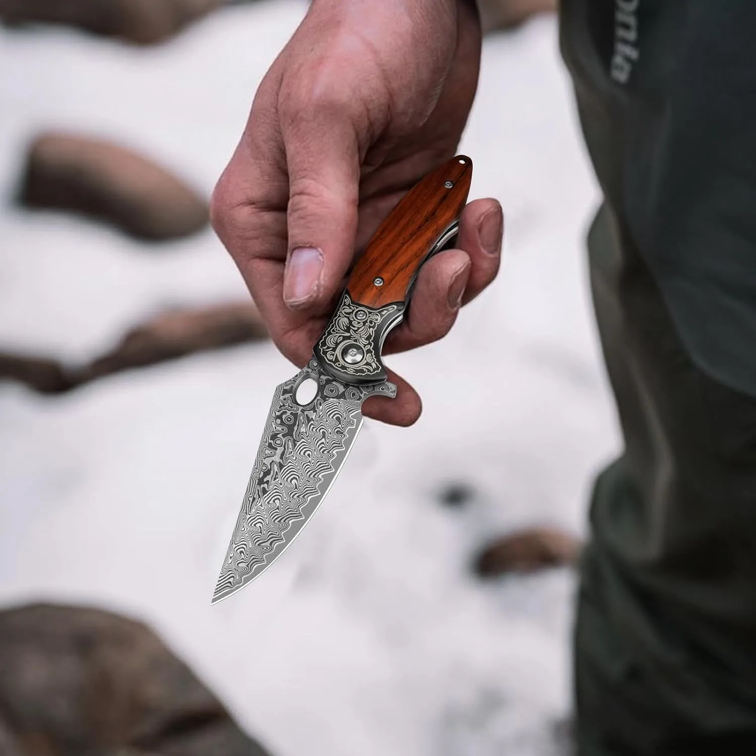 Damascus Pocket Knife, 3.3" Damascus Blade Wooden Handle EDC Pocket Knives & Folding Knives for Men Women