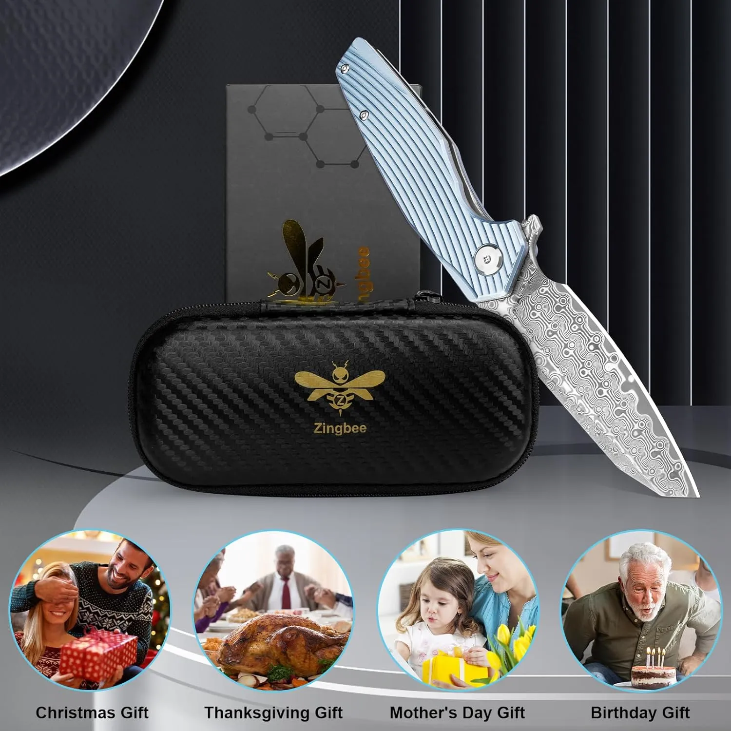 Damascus Pocket Knife 3.46" Damascus Steel Blade EDC Pocket Knives & Folding Knives for Men Women Blue Non-Slip Handle