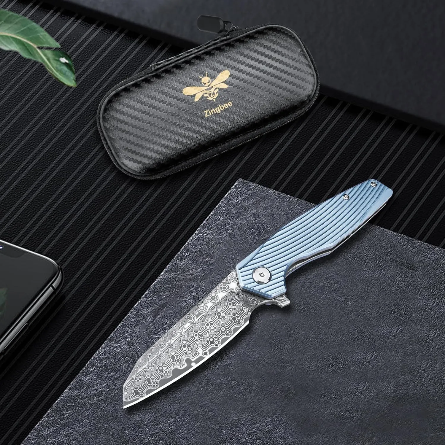 Damascus Pocket Knife 3.46" Damascus Steel Blade EDC Pocket Knives & Folding Knives for Men Women Blue Non-Slip Handle