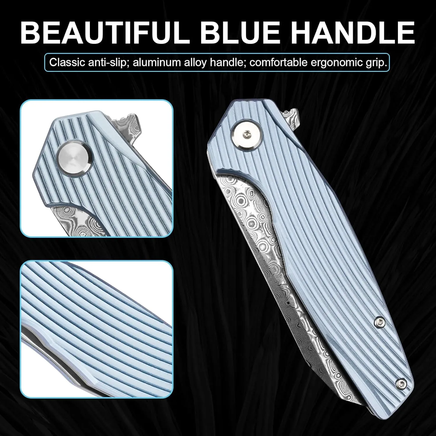 Damascus Pocket Knife 3.46" Damascus Steel Blade EDC Pocket Knives & Folding Knives for Men Women Blue Non-Slip Handle