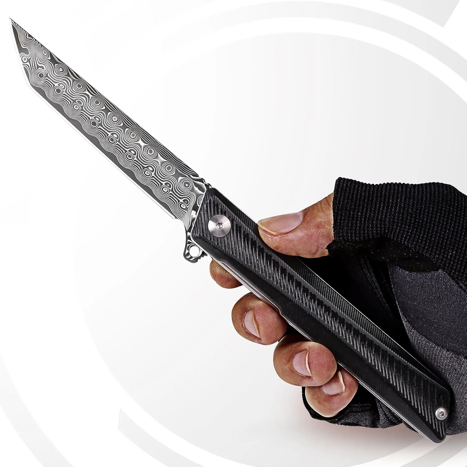 Damascus Pocket Knife GD22K, Flipper Open Tanto Blade Damascus Steel Folding Pocket Knives with Pocket Clip, G10 Handle, Men Women Sharp EDC Pocket Knife Camping Hiking Gift