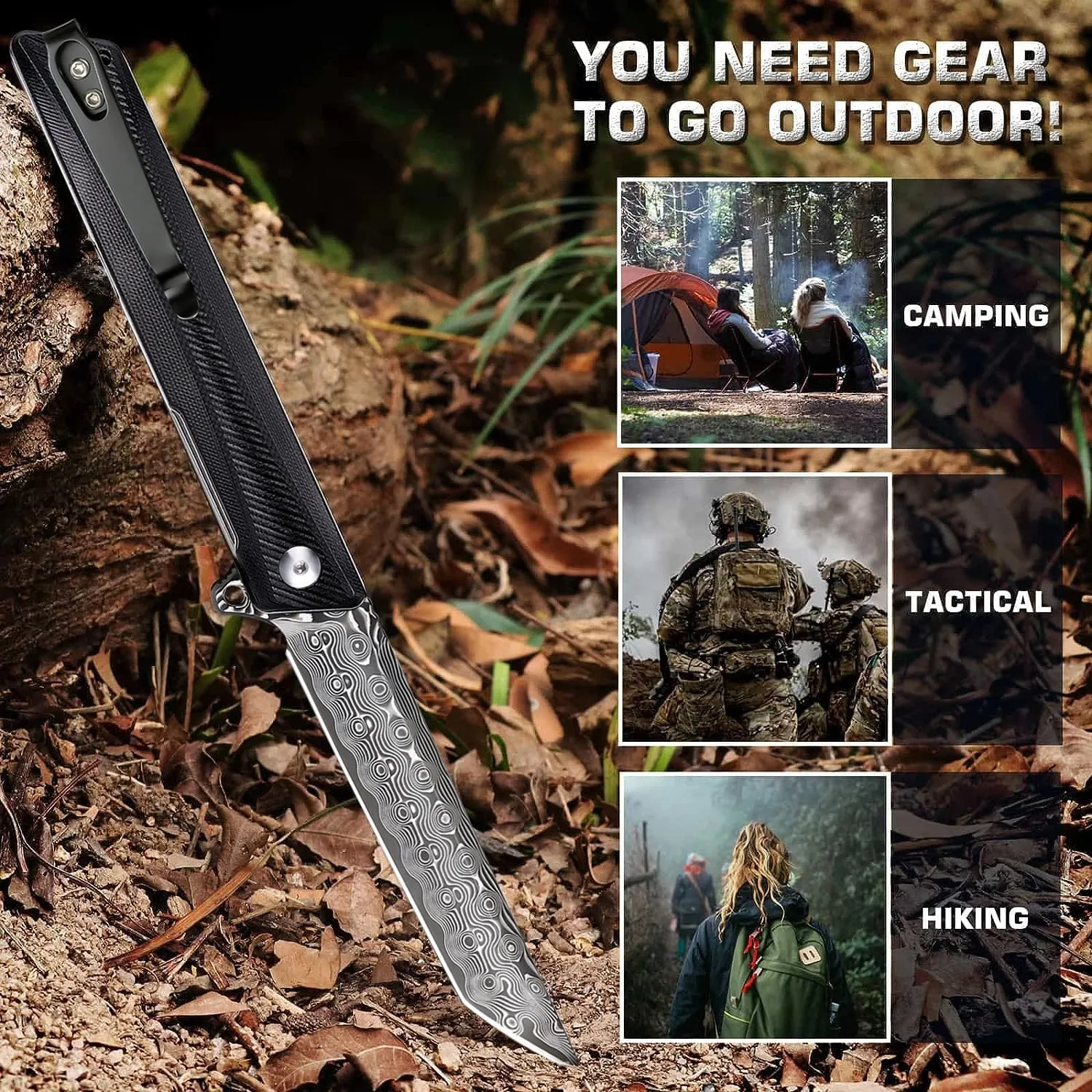 Damascus Pocket Knife GD22K, Flipper Open Tanto Blade Damascus Steel Folding Pocket Knives with Pocket Clip, G10 Handle, Men Women Sharp EDC Pocket Knife Camping Hiking Gift