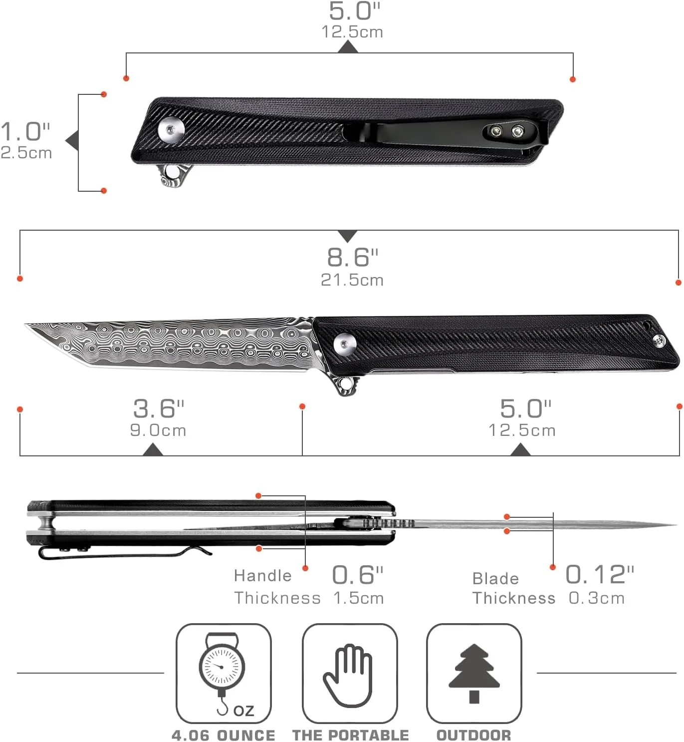 Damascus Pocket Knife GD22K, Flipper Open Tanto Blade Damascus Steel Folding Pocket Knives with Pocket Clip, G10 Handle, Men Women Sharp EDC Pocket Knife Camping Hiking Gift