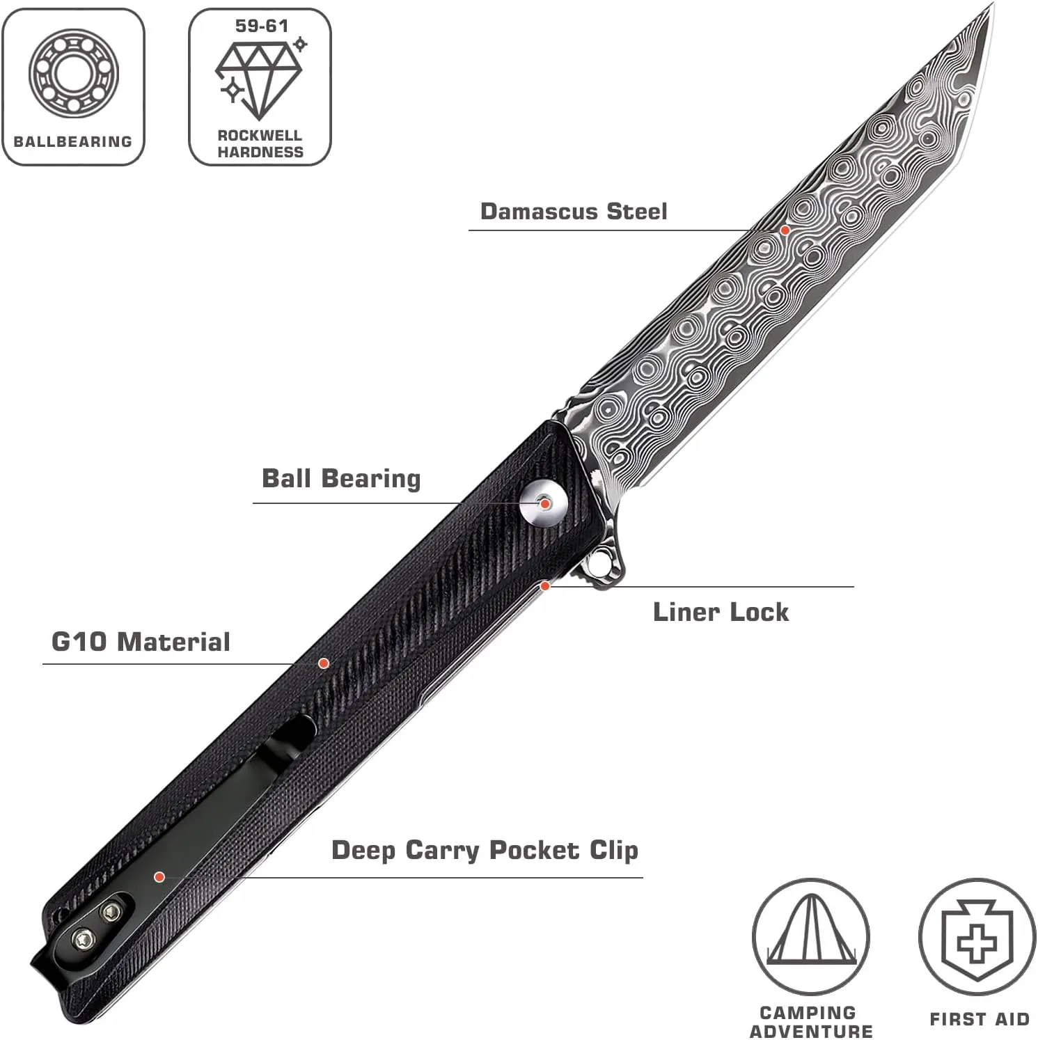 Damascus Pocket Knife GD22K, Flipper Open Tanto Blade Damascus Steel Folding Pocket Knives with Pocket Clip, G10 Handle, Men Women Sharp EDC Pocket Knife Camping Hiking Gift