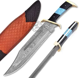 Damascus Steel Western Outlaw Bowie Hunting Knife, Fixed Blade Survival & Hunting Knife, Camping, Bushcraft, EDC - Gift for Men, Premium Leather Sheath, KKH-69